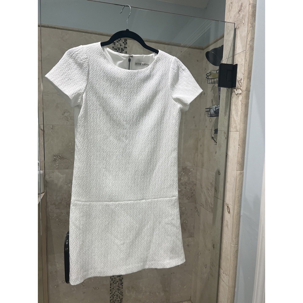 Alice + Olivia Womens Drop Waist Short Sleeve Textured White Mini Dress 0 XS